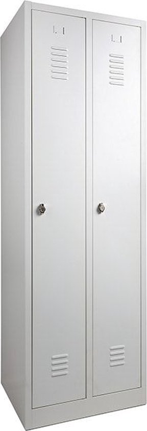 Armoire avec étagères dans toutes les colonnes Nombre de portes 2 Nombre d'étagères 8 Largeur 60CM Hauteur 180CM Couleur cadre Gris clair (Ral 7035) Type de pied Sur socle Serrure Avec fermeture à oeillet