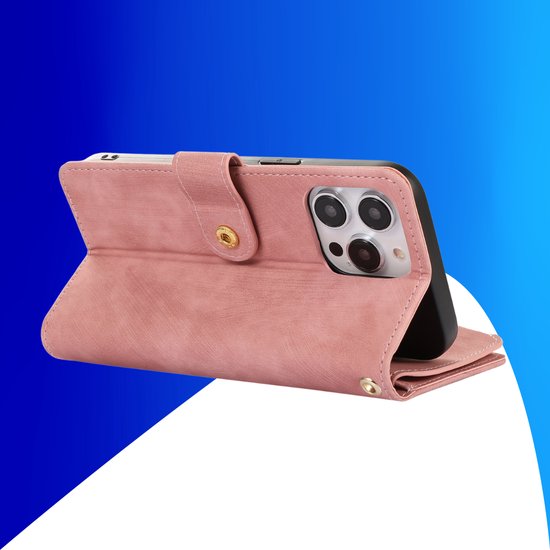 Étui adapté pour iPhone 14 - Bookcase - Porte-cartes - Portefeuille - Cordon - Simili cuir - Rose