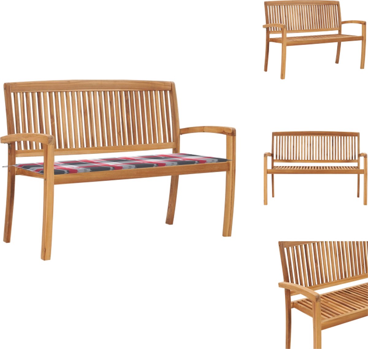 vidaXL Klassieke Teakhouten Tuinbank - 128.5 x 57.5 x 90 cm - Stapelbaar - Rood Ruitpatroon - Tuinbank