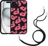 Cazy Hoesje met koord Zwart geschikt voor iPhone 15 Inflatable Flamingos