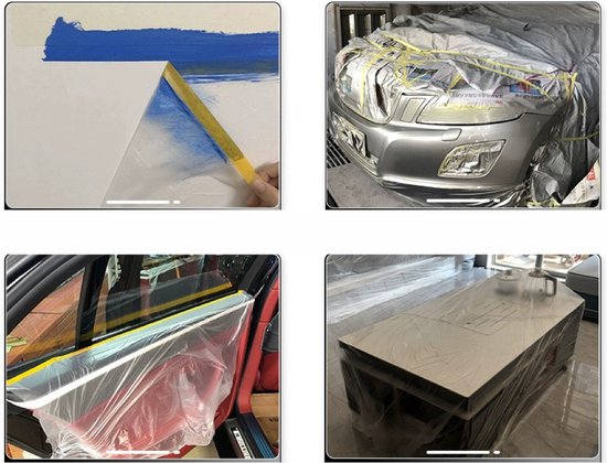 Twee delen van de auto afgeplakt met folie en tape. Eén met blauwe verf.