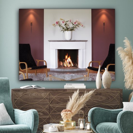 Une cheminée dans un salon 160x120 cm - Tirage photo sur toile (Décoration murale salon / chambre) XXL / Grand format!