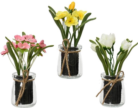 Decoris kunstplant voorjaars bloemen in glazen pot polyester 5,5x5,5x16cm narcis - tulp - violtje 3 assorti