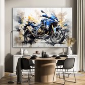 MuchoWow® Glasschilderij 150x100 cm - Schilderij glas - Motor - Bike - Graffiti - Pastel - Blauw - Wit - Goud - Foto op acrylglas - Schilderijen