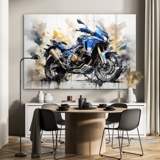 MuchoWow® Glasschilderij 150x100 cm - Schilderij glas - Motor - Bike - Graffiti - Pastel - Blauw - Wit - Goud - Foto op acrylglas - Schilderijen