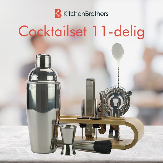 KitchenBrothers Cocktailset 11-delig in glanzend zilver en bamboe.
