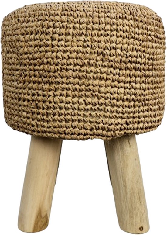 Kruk Jordan - ø34x46 cm - Naturel - Raffia - krukje hout, krukjes om op te zitten, krukje badkamer, krukjes om op te zitten volwassenen, krukje make up tafel, kruk, krukje, houten krukje,