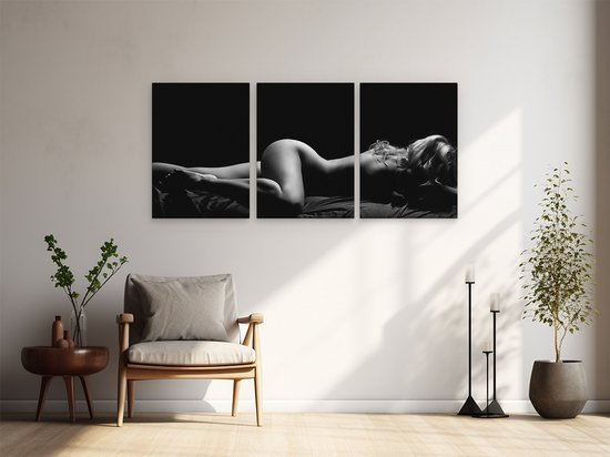 Artaza Tableau sur Toile Triptyque Femme Nue au Lit - Erotiek - Zwart Wit - 180x80 - Groot - Photo sur Toile - Impression sur Toile