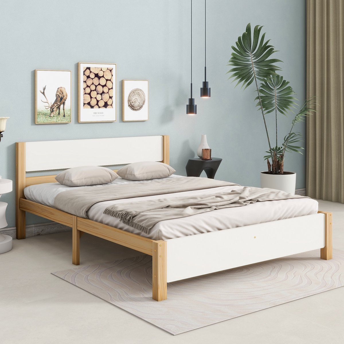 Jeugdbed Tweepersoons houten bed - grenenhouten frame met middenvoet - volwassenenbed met hoofd- en voeteinde van MDF - wit + naturel 140x200 cm