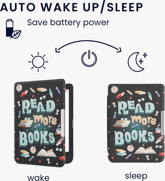 kwmobile e-reader hoesje geschikt voor Tolino Shine 3 hoes - E reader flip case met magnetische sluiting - Ereader cover - Read More Books design in blauw / geel / groen van kwmobile — afbeelding 2