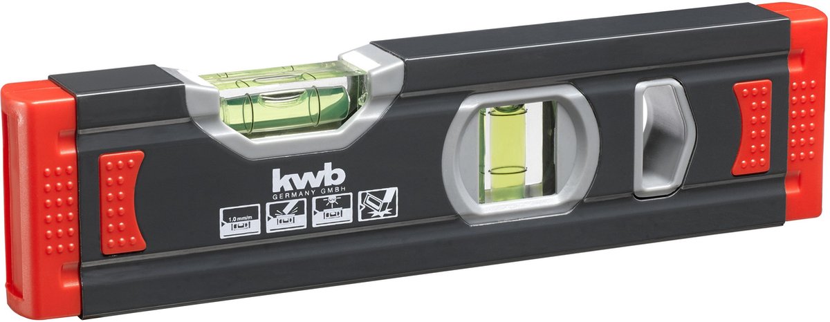 kwb 1 mm mini aluminium waterpas 20 cm, waterpas beveiligd, m nauwkeurigheid, nauwkeurig geslepen, elk 1 horizontaal en verticaal waterpas inclusief rubberen valbeveiliging, zwart/rood