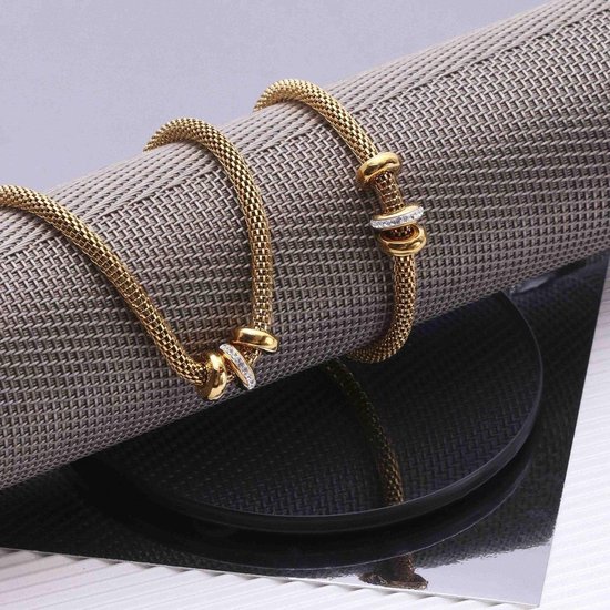 Stalen goldplated ketting&armband 3ringen kristal