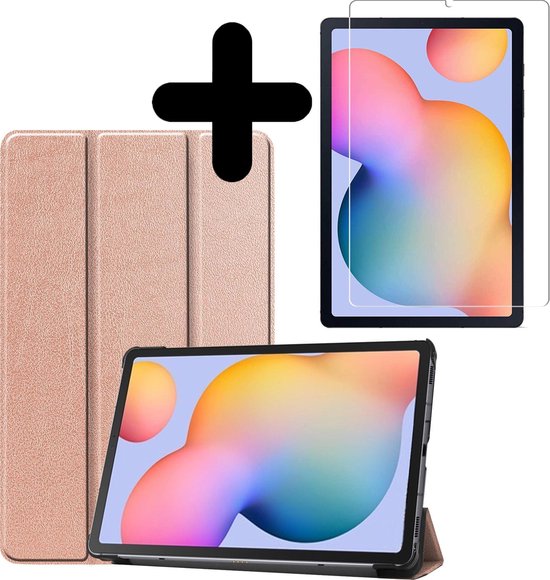 Hoes Geschikt voor Samsung Galaxy Tab S6 Lite Hoes Book Case Hoesje Trifold Cover Met Screenprotector - Hoesje Geschikt voor Samsung Tab S6 Lite Hoesje Bookcase - Rosé goud
