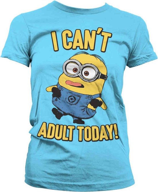 Blauw t-shirt met een Minion die zegt 'I Can't Adult Today'.