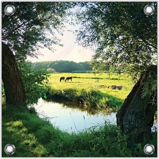 Tuinposter –Paarden tussen Bomen in Wei-100x100  Foto op Tuinposter (wanddecoratie voor buiten en binnen)