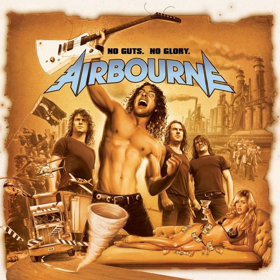 Couverture d'album du groupe Airbourne. Un chanteur torse nu, au centre, bras levé. À sa droite, une femme blonde sur une banquette avec de l'argent. À l'arrière-plan, une usine.