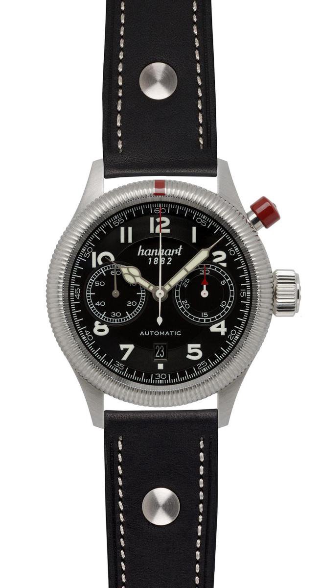 Hanhart Pioneer MonoControl Horloge Zwart, zwarte band, ribbelrand