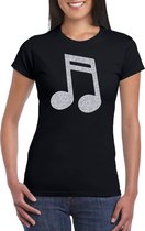 Zilveren muziek noot  / muziek feest t-shirt / kleding - zwart - voor dames - muziek shirts / muziek liefhebber / outfit S