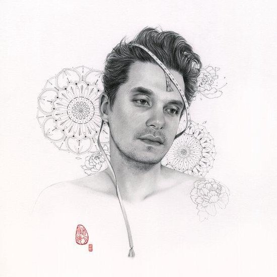 Potloodtekening van een man met een meetlint om zijn hoofd, met mandala's en bloemen op de achtergrond.