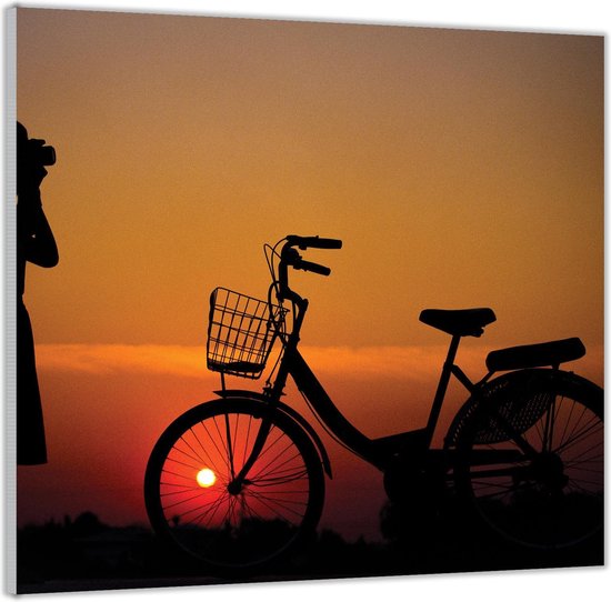 Acrylglas –Silhouet van Meisje met Camera en Fiets– 80x80 (Met ophang)