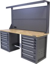 Kraftmeister werkbank 200 cm - Werktafel met gereedschapwand, 12 laden en eiken werkblad - Grijs