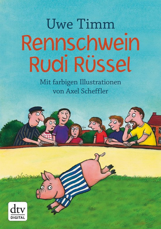 Couverture de livre intitulée 'Rennschwein Rudi Rüssel' avec une illustration d'un cochon portant une chemise rayée.