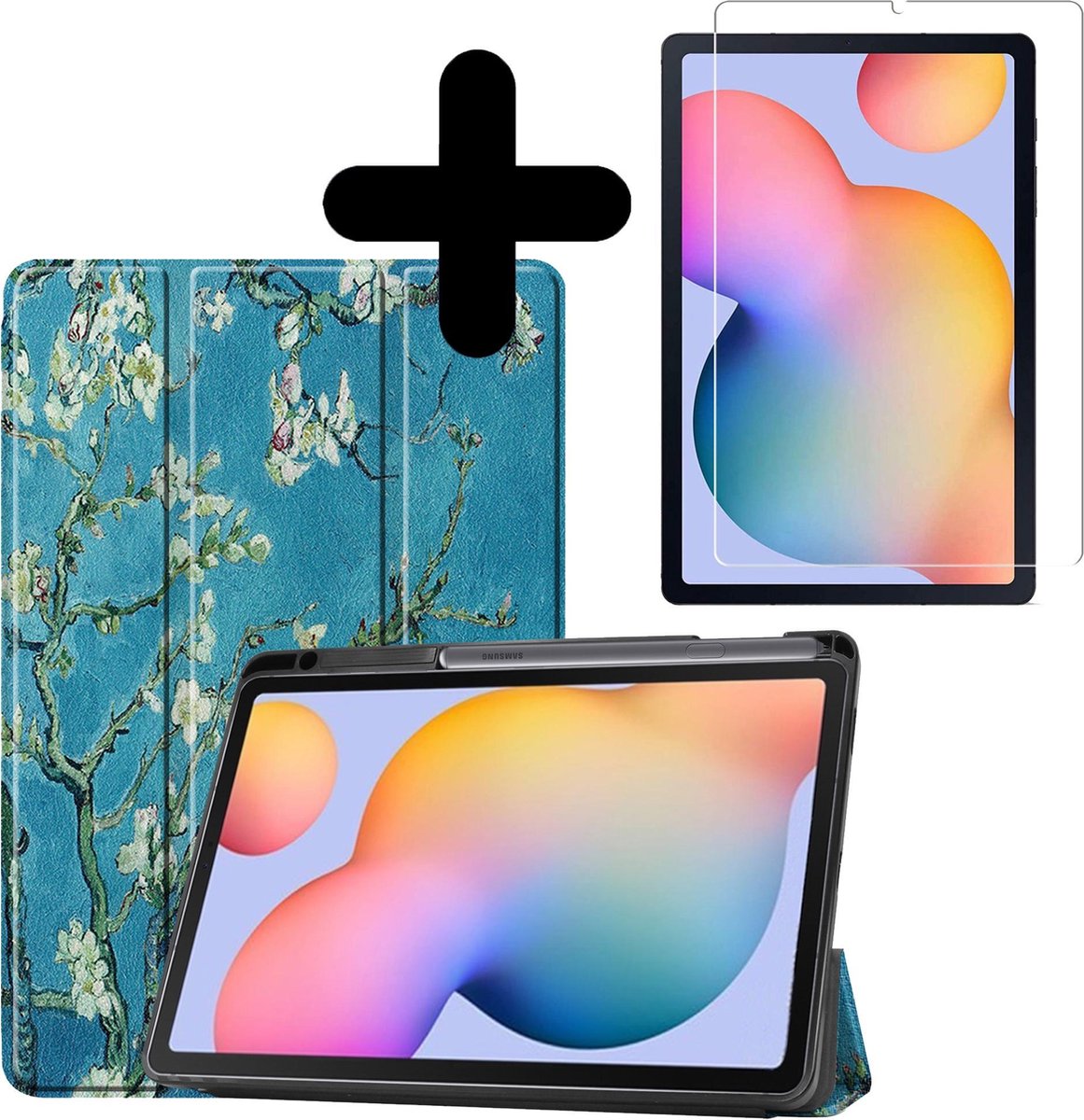 Hoes Geschikt voor Samsung Galaxy Tab S6 Lite Hoes Book Case Hoesje Trifold Cover Met Uitsparing Geschikt voor S Pen Met Screenprotector - Hoesje Geschikt voor Samsung Tab S6 Lite Hoesje Bookcase - Bloesem