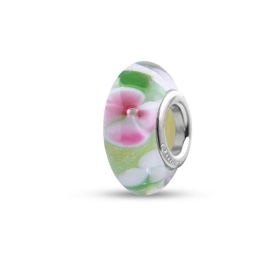 Quiges - Glazen - Kraal - Bedels - Beads Groen met Wit Roze Bloemen Past op alle bekende merken armband NG651