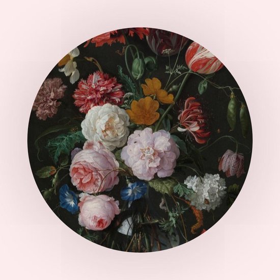 Stilleven met bloemen in glazen vaas – Jan Davidsz - 80 cm Forex Muurcirkel - Bloemen en Planten - Wanddecoratie - Rond Schilderij - Wandcirkel