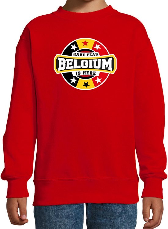 Have fear Belgium is here sweater met sterren embleem in de kleuren van de Belgische vlag - rood - kids - Belgie supporter / Belgisch elftal fan trui / EK / WK / kleding 134/146