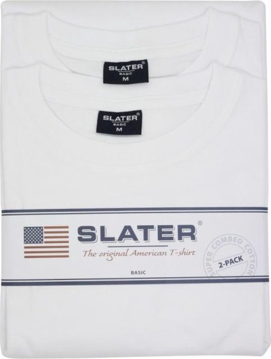 Verpakking van twee witte Slater BASIC T-shirts, M, 100% katoen, ronde hals, korte mouwen.