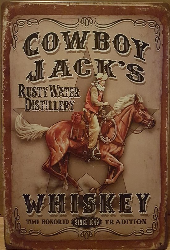 Cowboy Jack's Whiskey Reclamebord van metaal METALEN-WANDBORD - MUURPLAAT - VINTAGE - RETRO - HORECA- BORD-WANDDECORATIE -TEKSTBORD - DECORATIEBORD - RECLAMEPLAAT - WANDPLAAT - NOSTALGIE -CAFE- BAR -MANCAVE- KROEG- MAN CAVE