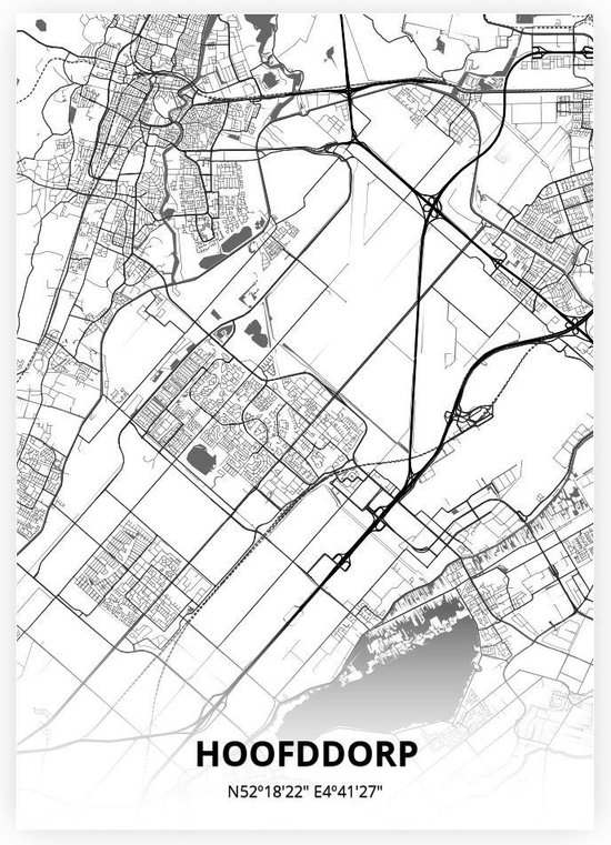Hoofddorp plattegrond - A2 poster - Zwart witte stijl