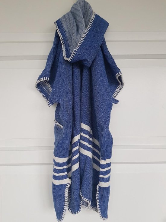 Kinder Strandponcho Hamam Royal Blue - 8-9 jaar* - - jongens/meisjes/unisex pasvorm - poncho handdoek voor kinderen met capuchon - zwemponcho - badcape - badponcho