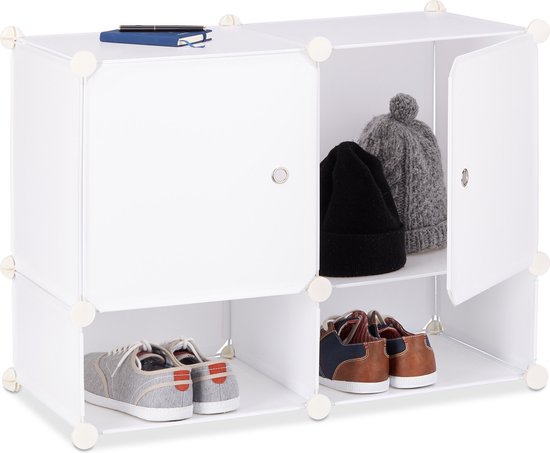 armoire à compartiments relaxdays 4 compartiments - armoire avec 2 portes - connexion clic - étagère à chaussures petit blanc