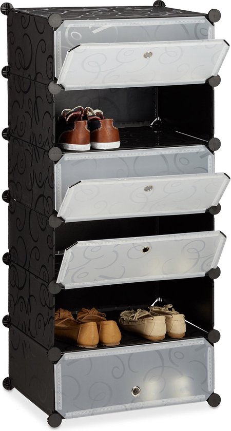 étagère à chaussures relaxdays plastique - armoire à chaussures fermée - système click - 6 compartiments noir