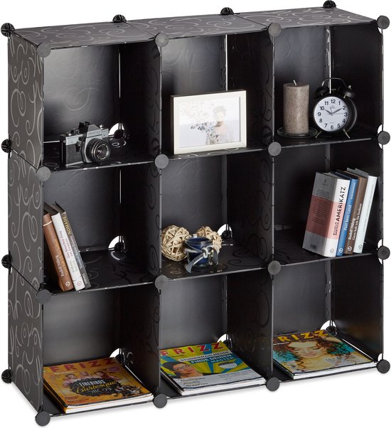 Relaxdays vakkenkast 9 vakken - roomdivider kunststof - open boekenkast - steekverbinding - zwart
