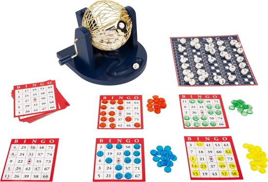 Thumbnail van een extra afbeelding van het spel Bingo spel blauw/goud/wit complete set 21 cm nummers 1-75 met molen, 167x bingokaarten en 2x stiften - Bingospel - Bingo spellen - Bingomolen met bingokaarten - Bingo spelen