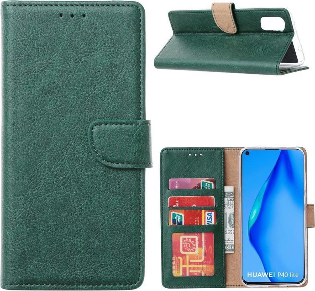 Huawei P40 Lite Portemonnee hoesje Groen met 2 stuks Glas Screen protector