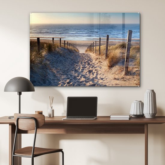 MuchoWow® Tableau sur Verre - Plage - Mer - Nederland - Dunes - Soleil - 120x80 cm - Décoration de Plage - Peintures sur Verre Acrylique - Photo sur Glas