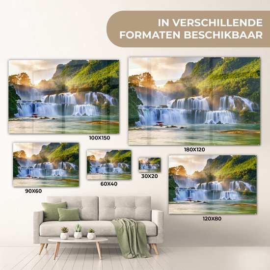 Tableau sur verre - Décoration murale - Cascade - Soleil - Nature - Arbres - Verre acrylique - Photo sur verre - Tableau nature - 120x80 cm - Décoration murale