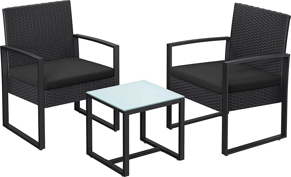 Bol.com Tuinset 2 persoons - Wasbare kussens - Tuintafel met stoelen - Tuinsets - Zwart - Loungeset tuinmeubels aanbieding