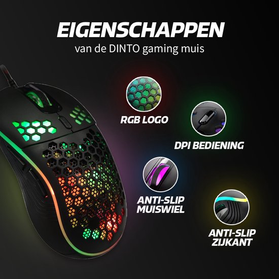 Zwarte gaming muis met honingraat patroon en RGB verlichting, met iconen voor 'RGB LOGO', 'DPI BEDIENING', 'ANTI-SLIP Muiswiel' en 'ANTI-SLIP ZIJG'.