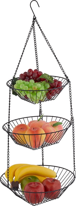 Relaxdays hangende fruitmand - metalen fruitschaal 3 lagen - draadmand - etagère - zwart