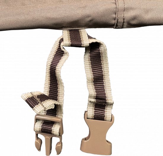 Beige beschermhoes met bruine en witte banden met gespen.
