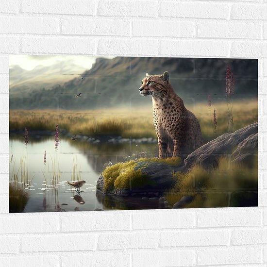 Muursticker - Cheetah op Rots langs Rivier door Natuurgebied - 90x60 cm Foto op Muursticker