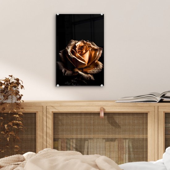 MuchoWow® Peinture sur verre - Rose - Or - Fleurs - Botanique Zwart - 20x30 cm - Peintures sur verre acrylique - Photo sur Glas