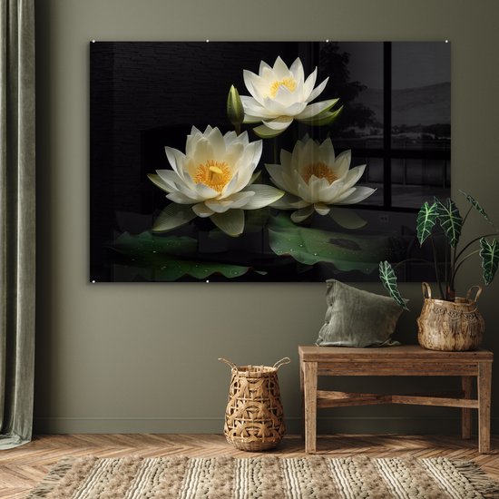 MuchoWow® Peinture sur verre 150x100 cm - Peinture sur verre acrylique - Lotus - Fleurs - Wit - Nature - Zwart - Photo sur verre - Peintures