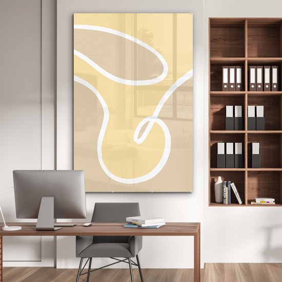 MuchoWow® Peinture sur verre 100x150 cm - Peinture sur verre acrylique - Abstrait - Formes - Jaune - Wit - Photo sur verre - Peintures