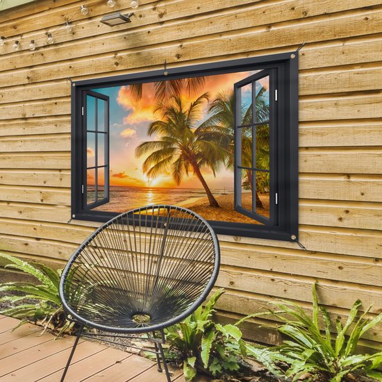 Tuinposters - Tuindecoratie - Doorkijk - Strand - Palmbomen - Zonsondergang - 120x80 cm - Tuin decoratie - Schutting decoratie - Tuinposter - Schuttingdoek - Buitenposter - Tuinversiering - Balkon decoratie - Tuinschilderij